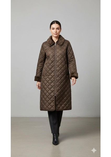 Soft Peluş Iç Katman ve Özel Nakış Desenli Ince Hafif Zamansız Özel Üretim Kaban Manto-Kahve fiyatları