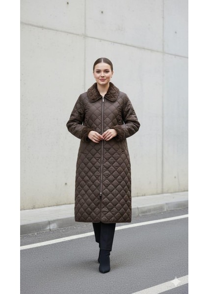 Soft Peluş Iç Katman ve Özel Nakış Desenli Ince Hafif Zamansız Özel Üretim Kaban Manto-Kahve fırsatları