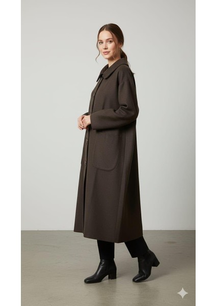 Yün Dokulu Özel Polyviskon Kumaş Astarsız Giy Çık Kap Kaban-Kahve