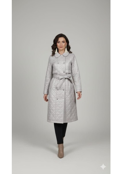 Yumuşak Hafif Kapitone Dolgulu Astarlı ve Taş Biye Garnili Mevsimlik Trench / Kap-Gri