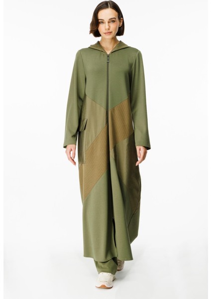 x Örme Baharlık Tafta ve Triko Garnili Uzun Kap Ferace-Haki