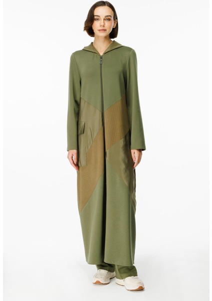 x Örme Baharlık Tafta ve Triko Garnili Uzun Kap Ferace-Haki fiyatları
