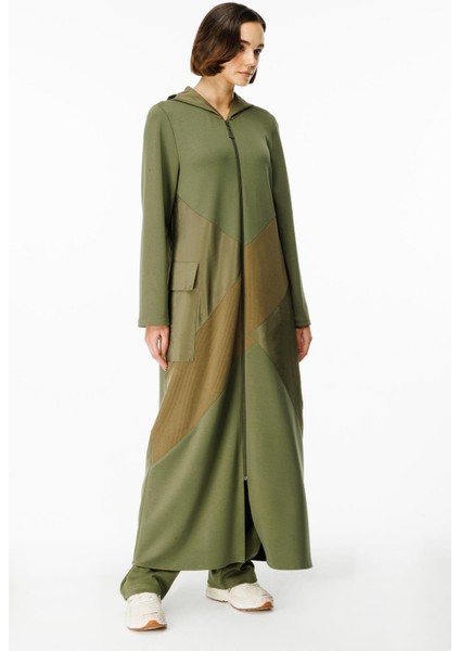x Örme Baharlık Tafta ve Triko Garnili Uzun Kap Ferace-Haki modelleri