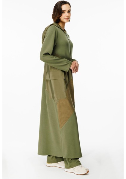 x Örme Baharlık Tafta ve Triko Garnili Uzun Kap Ferace-Haki fırsatları
