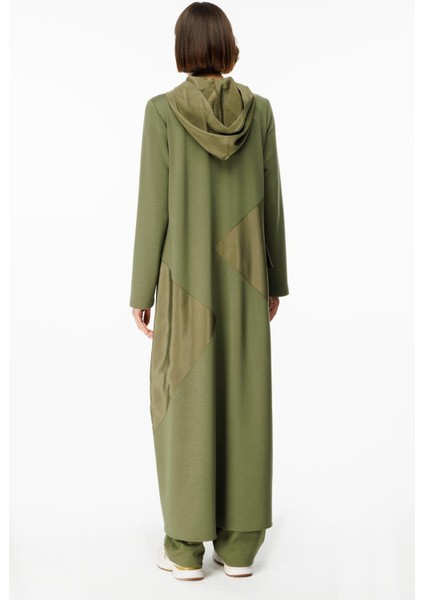 x Örme Baharlık Tafta ve Triko Garnili Uzun Kap Ferace-Haki indirimleri