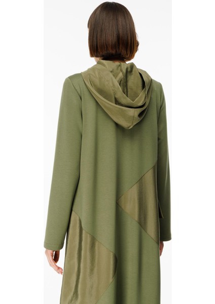 x Örme Baharlık Tafta ve Triko Garnili Uzun Kap Ferace-Haki