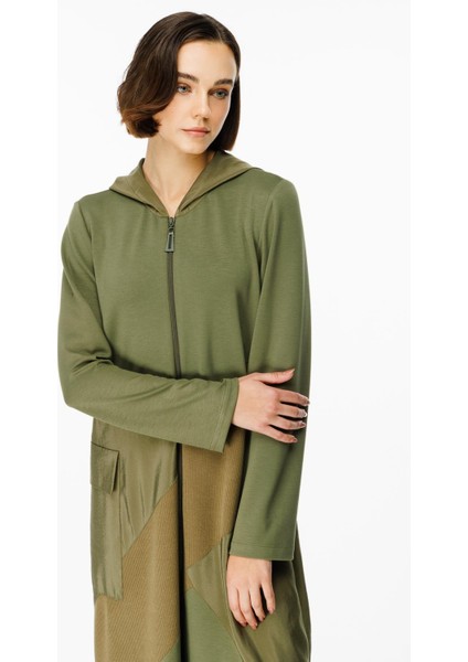 x Örme Baharlık Tafta ve Triko Garnili Uzun Kap Ferace-Haki