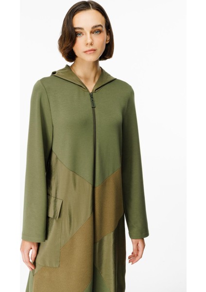 x Örme Baharlık Tafta ve Triko Garnili Uzun Kap Ferace-Haki