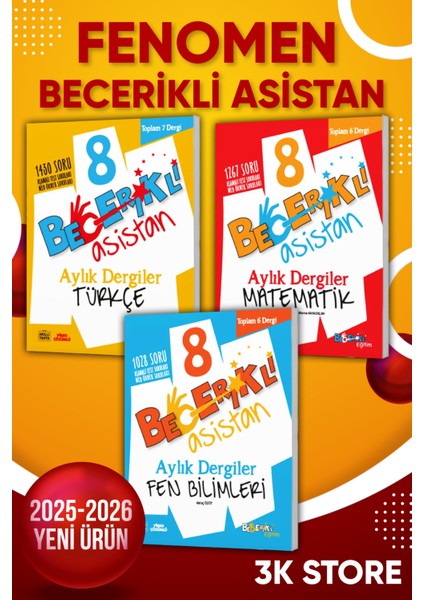 2026 Lgs 8.sınıf Becerikli Asistan 3lü Set Türkçe Matematik Fen Bilimleri Aylık Dergiler