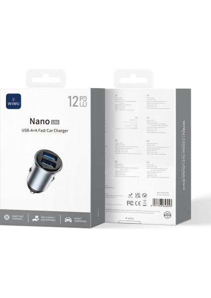 WI-CC031 Nano Lite Serisi Dual Usb-A Hızlı Şarj Özellikli Araç Şarj Aleti Pd 12W Gri