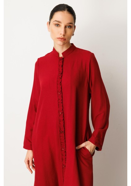 Hm Büzgü Detay Ön Pat ve Sırt Alleri Ipekçe Doku Spor Zamansız Kap/ Ferace-Bordo