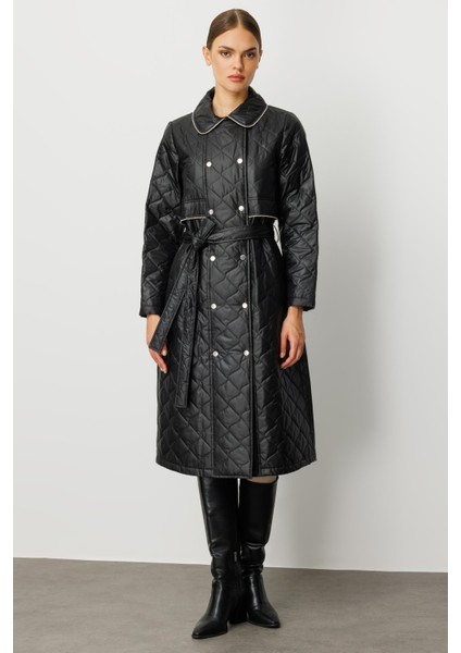 Yumuşak Hafif Kapitone Dolgulu Astarlı ve Taş Biye Garnili Mevsimlik Trench / Kap-Siyah fiyatları