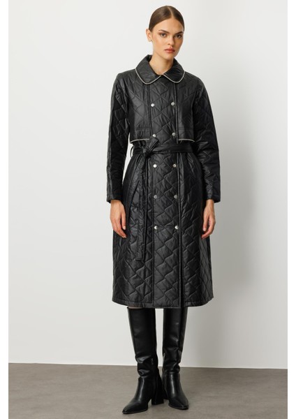 Yumuşak Hafif Kapitone Dolgulu Astarlı ve Taş Biye Garnili Mevsimlik Trench / Kap-Siyah indirimleri