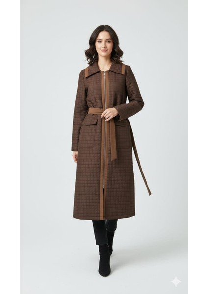 Jakar Kapitone ve Düz Garni Kumaşlı Içi Komple Astarlı Mevsimlik Kullanım Imkanı Sunan Trench Kap-Kahve