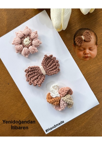 Yenidoğan Bebek Tokası El Emeği 3'lü Klips Saçsız Bebek Toka Seti