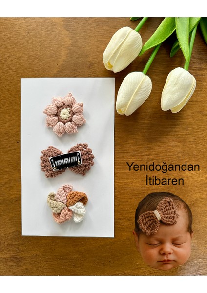 Yenidoğan Bebek Tokası El Emeği 3'lü Klips Saçsız Bebek Toka Seti modelleri