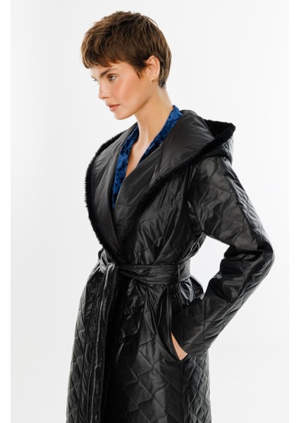 Sorf (Suni) Kürk Garni Baharlık Hafif Içi Dolgulu Spor Trenç Kap Kaban-Siyah