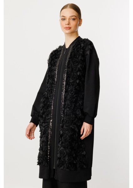 Rozzy Işleme Ince Pamuk Karışım Örme Basen Örten Üst Kap/tunik-Siyah