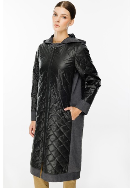 Mix Denim Kot ve Dolgulu Kapitone Baharlık Trench Kaban-Siyah