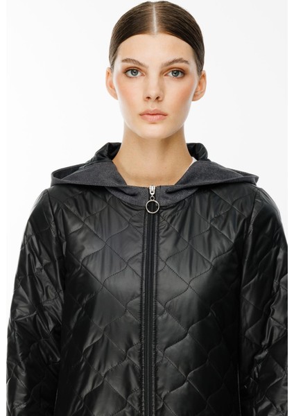 Mix Denim Kot ve Dolgulu Kapitone Baharlık Trench Kaban-Siyah