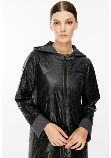 Mix Denim Kot ve Dolgulu Kapitone Baharlık Trench Kaban-Siyah