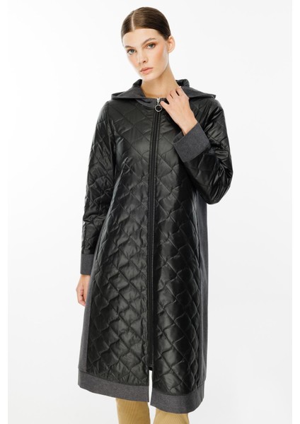 Mix Denim Kot ve Dolgulu Kapitone Baharlık Trench Kaban-Siyah