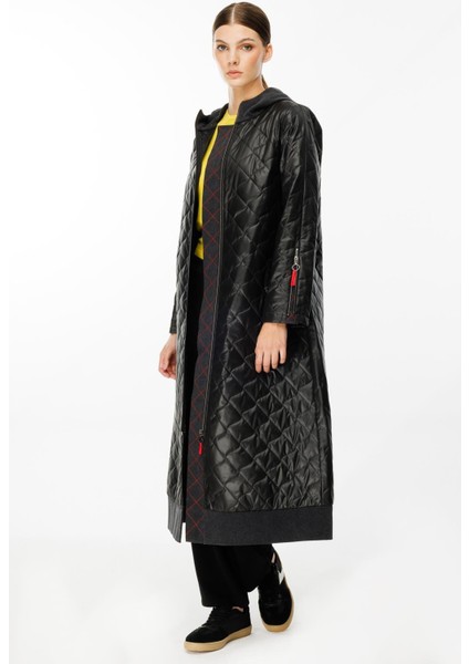 Denim Rouge Kapitone Dolgulu Garni Femuarlı Baharlık Trench Kaban-Siyah