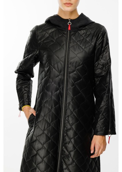 Denim Rouge Kapitone Dolgulu Garni Femuarlı Baharlık Trench Kaban-Siyah