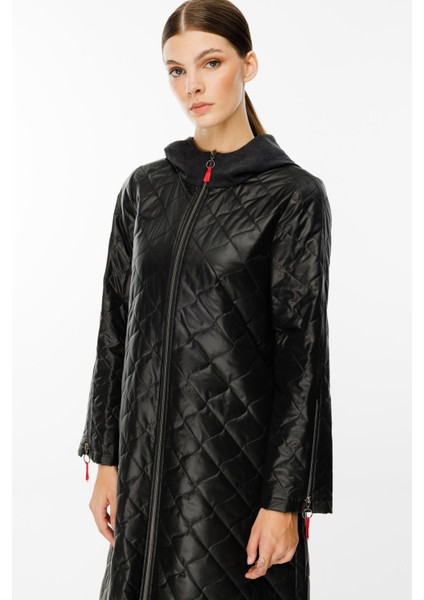 Denim Rouge Kapitone Dolgulu Garni Femuarlı Baharlık Trench Kaban-Siyah