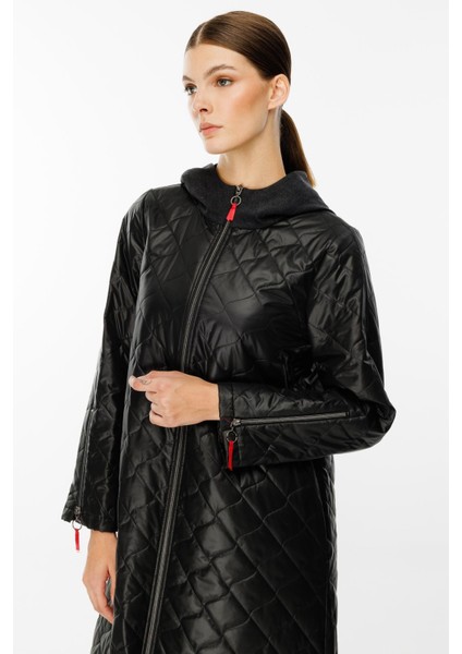 Denim Rouge Kapitone Dolgulu Garni Femuarlı Baharlık Trench Kaban-Siyah