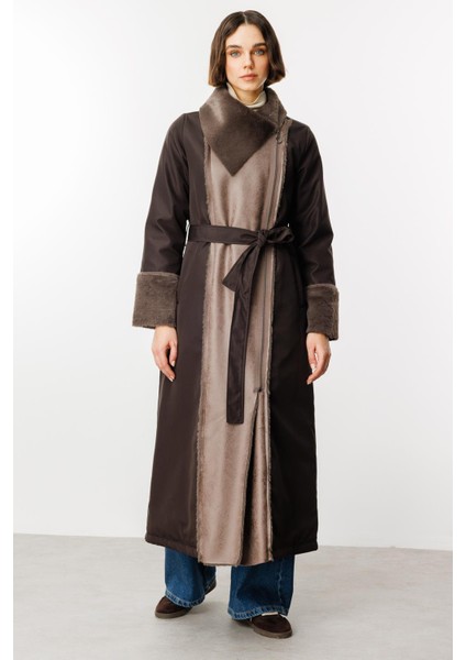 Suni Deri ve Soft Kürk Detaylı Dolgulu Spor Kaban Manto-Kahve