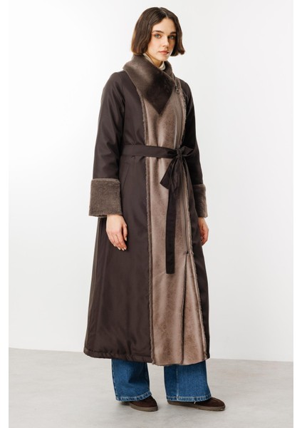Suni Deri ve Soft Kürk Detaylı Dolgulu Spor Kaban Manto-Kahve fiyatları