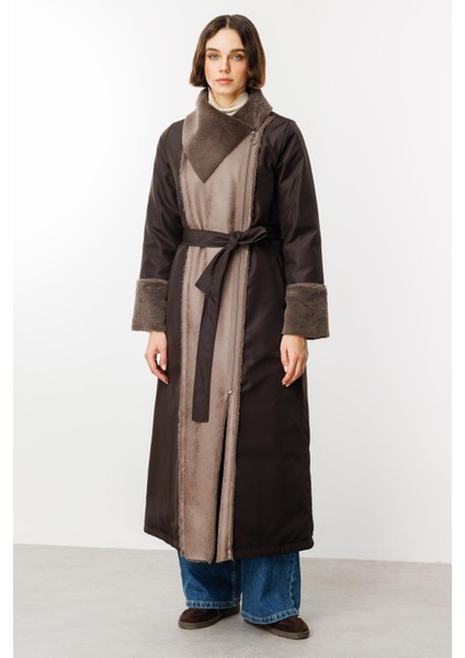 Suni Deri ve Soft Kürk Detaylı Dolgulu Spor Kaban Manto-Kahve fırsatları