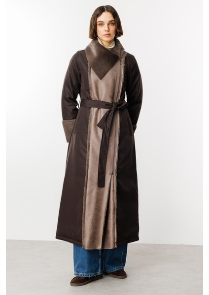 Suni Deri ve Soft Kürk Detaylı Dolgulu Spor Kaban Manto-Kahve indirimleri