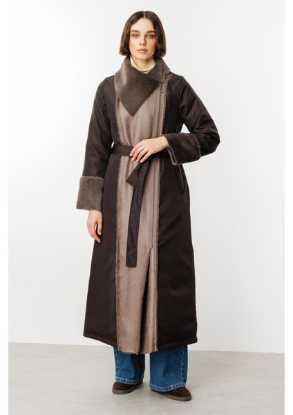 Suni Deri ve Soft Kürk Detaylı Dolgulu Spor Kaban Manto-Kahve