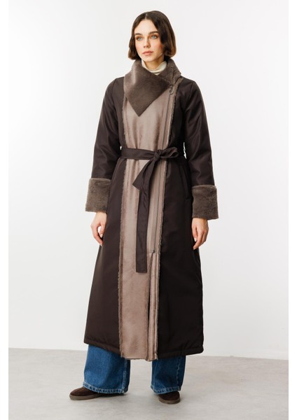 Suni Deri ve Soft Kürk Detaylı Dolgulu Spor Kaban Manto-Kahve