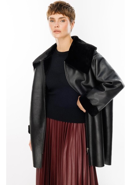 Suni Deri ve Soft Kürk Laminasyon Araboy Basen Örten Spor Zamansız Kaban Trenç-Siyah fiyatları