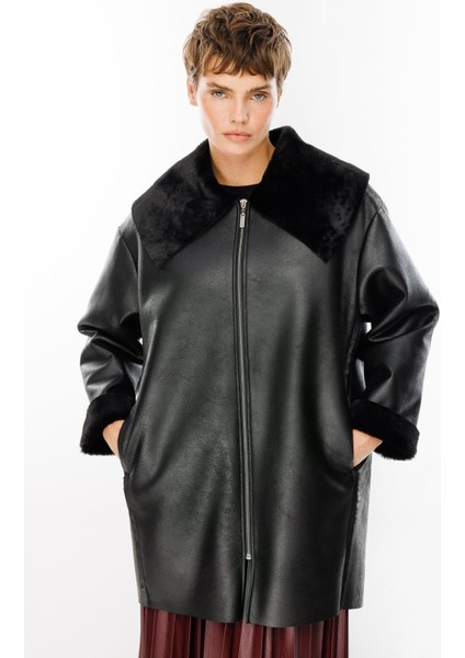 Suni Deri ve Soft Kürk Laminasyon Araboy Basen Örten Spor Zamansız Kaban Trenç-Siyah modelleri