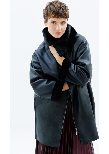 Suni Deri ve Soft Kürk Laminasyon Araboy Basen Örten Spor Zamansız Kaban Trenç-Siyah