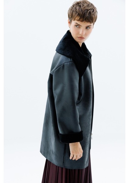 Suni Deri ve Soft Kürk Laminasyon Araboy Basen Örten Spor Zamansız Kaban Trenç-Siyah