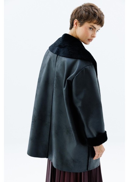 Suni Deri ve Soft Kürk Laminasyon Araboy Basen Örten Spor Zamansız Kaban Trenç-Siyah