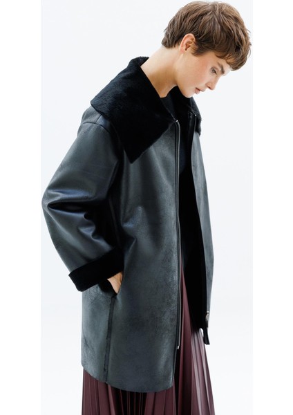 Suni Deri ve Soft Kürk Laminasyon Araboy Basen Örten Spor Zamansız Kaban Trenç-Siyah