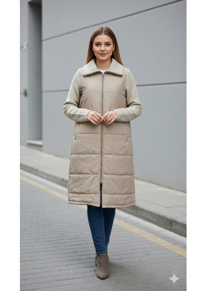 Kol ve Yaka Yüksek Yün Içerikli Triko Orta Bedeni Soft Elyaf Dolgulu Astarlı Zamansız Konforlu Hafif-Taş