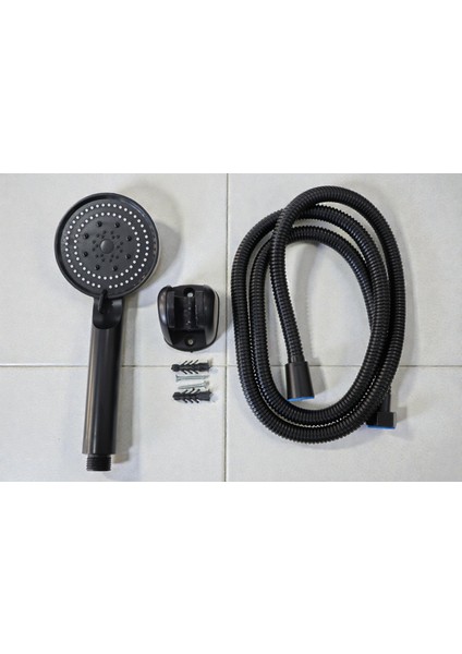 3'lü Set 5 Kademeli Siyah Duş Başlığı + 150 cm Duş Hortumu + Askı Aparatı
