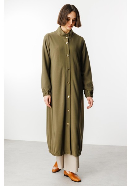 Gold Detay Dökümlü Kumaş Zamansız Spor Trench Kap-Haki