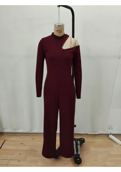 Kadın Tek Omuzdan Açık Balıkçı Yaka Taş Detaylı Uzun Ithal Krep Tulum fırsatları