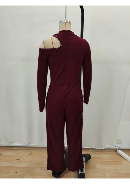 Kadın Tek Omuzdan Açık Balıkçı Yaka Taş Detaylı Uzun Ithal Krep Tulum indirimleri