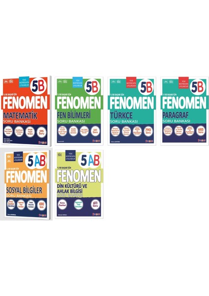 Fenomen Okul 2025 5. Sınıf Matematik + Türkçe + Fen + Paragraf + Sosyal + Din B Soru Seti 6 Kitap Gü
