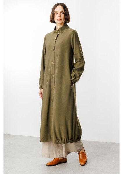 Gold Detay Dökümlü Kumaş Zamansız Spor Trench Kap-Haki