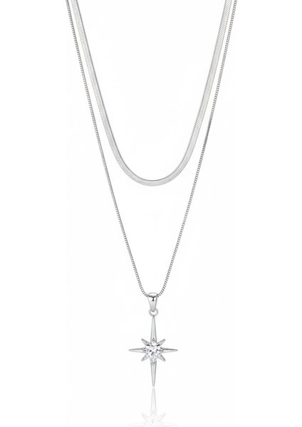 Çelik Yıldız Kolye Zirkon Taşlı Gümüş Rengi Kararmaz Takı